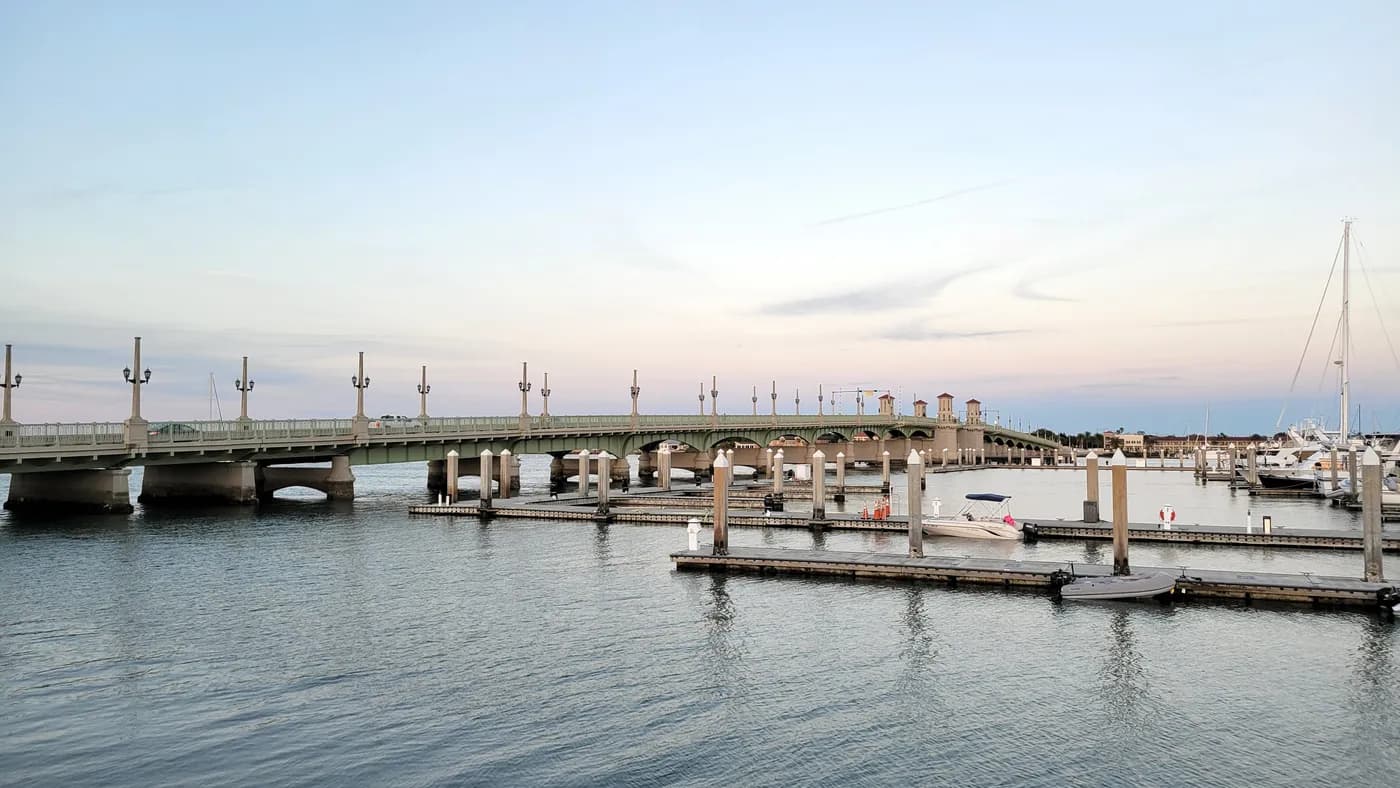 Bridge of Lions and marina docks across Matanzas Bay in St. Augustine at dusk