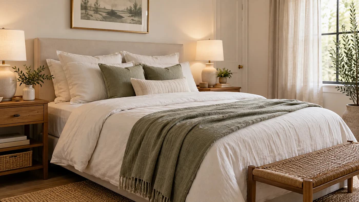 Illustrative guest bedroom with off-white bedding, a sage throw, and warm wood bedside tables